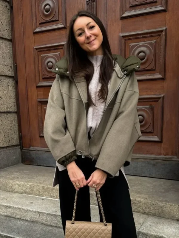 Giacca di lana con cappuccio Cappotto Tasca grande Bottone in metallo Pendolarismo Cappotto corto da donna Capispalla in colore a contrasto Camicetta casual ampia 3