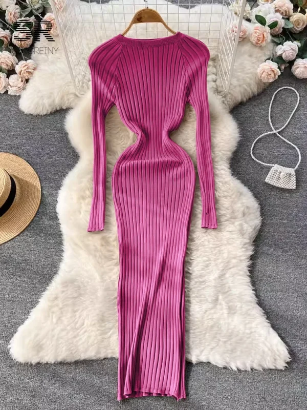 SINGREINY Abito lungo in maglia da donna invernale o collo autunno manica lunga slim solido Harajuku moda donna maglione a matita abiti lunghi 5