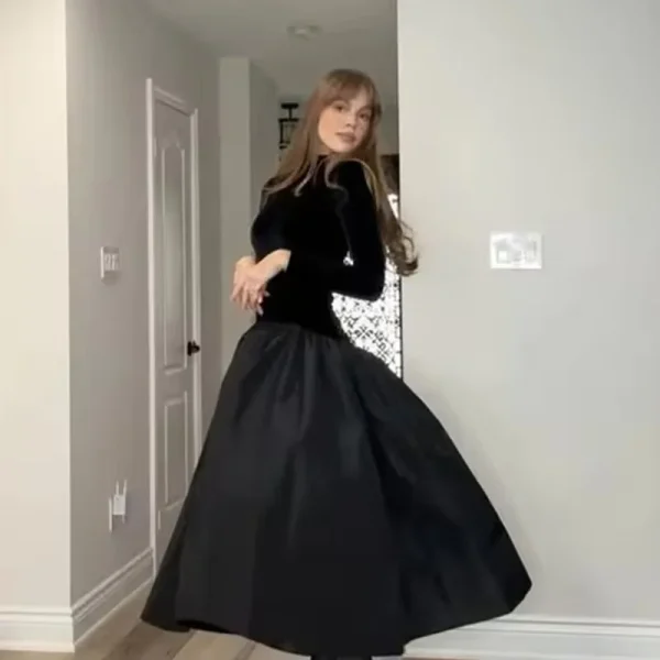 Abito lungo patchwork in velluto moda donna elegante colletto semi-alto abiti da sera per feste 2025 nuovi abiti neri a maniche lunghe 2