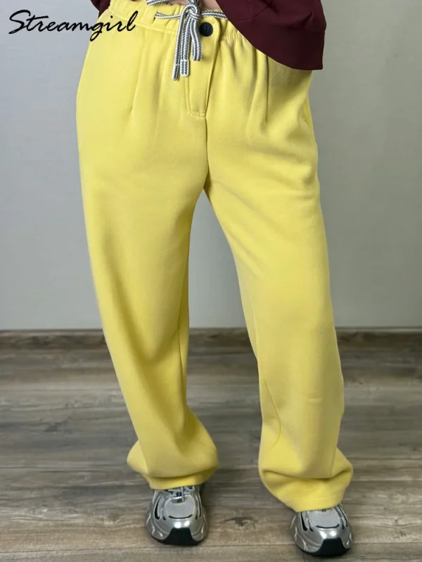 Streamgirl Pantaloni Caldi Per Le Donne Inverno Giallo Gamba Larga Pantaloni Della Tuta In Pile Donne Baggy Sport Inverno Velluto Spesso Pantaloni Caldi 1