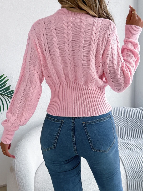 Maglioni lavorati a maglia twist tinta unita da donna 2025 Autunno Inverno Casual Collo a lupetto Vita che abbraccia Lanterna Pullover a maniche lunghe Rosa 2