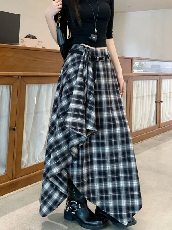 Qiukichonson Gonne lunghe Donna Gonna di lana 2025 Goth Autunno Inverno Vita alta Ruffles Gonna scozzese asimmetrica Maxi con cintura 3