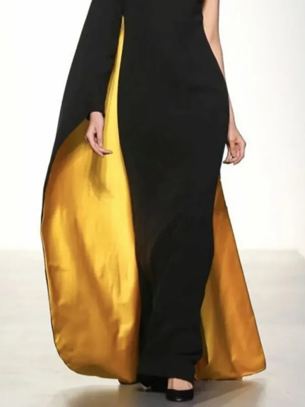 Onecozyday Abito lungo monospalla da donna in colore a contrasto Nero e oro Girocollo Slim Fit Abiti da sera a vita alta 3