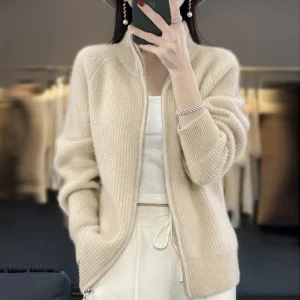 Cardigan con cerniera in pura lana al 100%, spalla imbottita, colletto alla coreana, cappotto lavorato a maglia in cashmere da donna, nuovo maglione con risvolto 1