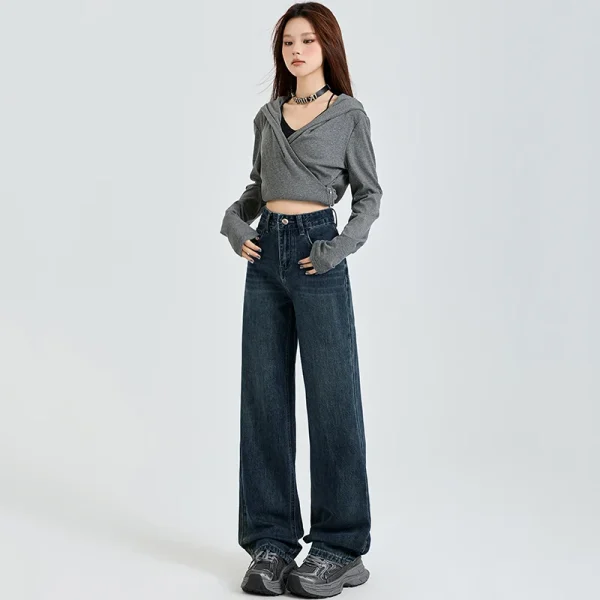 Jeans casual da donna vestibilità rilassata stile vintage pantaloni a gamba larga a vita alta pantaloni lunghi dritti drappeggiati pesanti autunno inverno 3