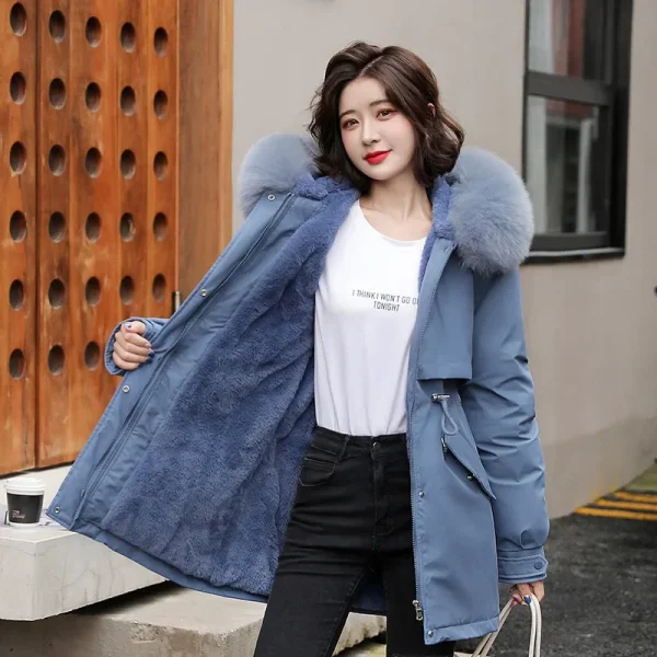 Parka da donna moda cappotto lungo fodera in lana Parka con cappuccio 2025 nuova giacca invernale sottile con collo in pelliccia abbigliamento da neve caldo imbottito 6