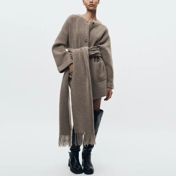 Cardigan lavorato a maglia da donna con sciarpa Giacca casual slim Manica lunga Giacca con tasca patchwork Giacca elegante da ufficio Donna Maglione Cappotto moda 3