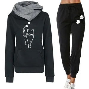 Tuta da donna elegante con stampa gatto Felpe con cappuccio versatili quotidiane Felpe o pantaloni da jogging Casual 2025 Abbigliamento caldo autunno inverno 1