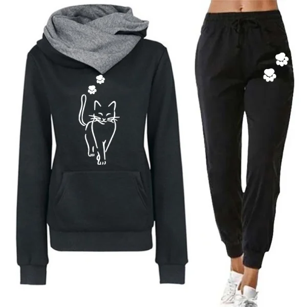 Tuta da donna elegante con stampa gatto Felpe con cappuccio versatili quotidiane Felpe o pantaloni da jogging Casual 2025 Abbigliamento caldo autunno inverno 1