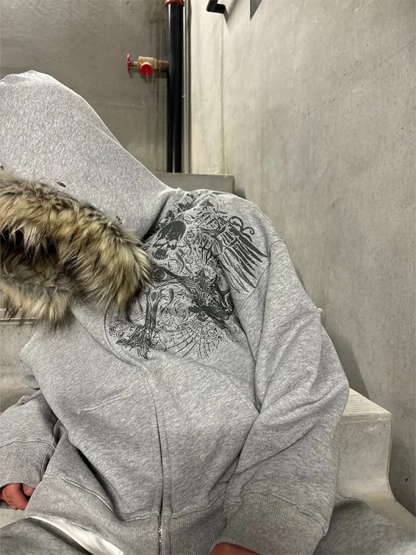 Autunno/Inverno Y2k Donne Estetica Harajuku Collo in Pelliccia Sintetica Felpe con Cappuccio Vestiti Grafica Hip Hop Punk Gotico Zip Up Felpe 2025 nuovo 5