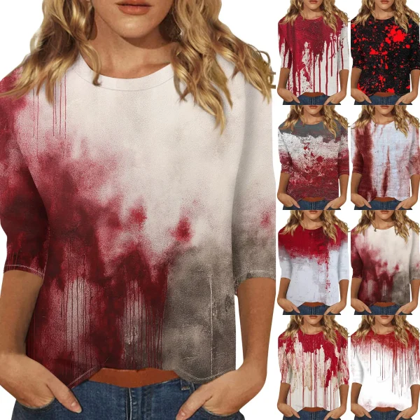 Halloween Elements T-shirt stampata da donna Moda Casual Girocollo Manica a 3/4 Sfumato rosso Tie-Dye Allentato Party Gathering Top 2