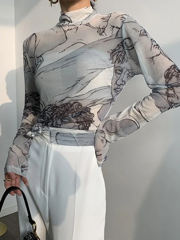 2025 Dolcevita Abbigliamento T-shirt da donna sottile in pizzo Top grafico per donna T-shirt in rete Manica lunga T-shirt all'ingrosso di alta qualità di lusso 2