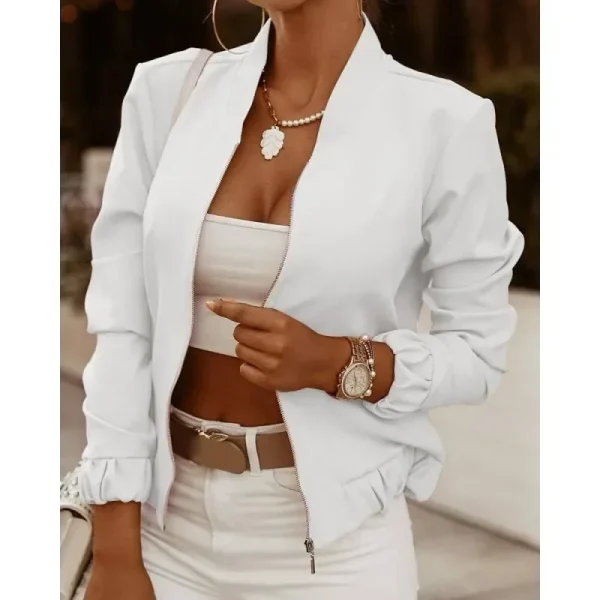 Giacca cardigan con cerniera e collo alto in tinta unita a maniche lunghe da pendolare da donna autunnale e giacca casual stampata alla moda 3