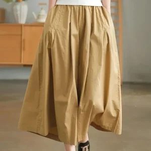 Pantaloni da donna kaki 100% puro cotone Casual allentato elastico in vita pantaloni a gamba larga donna 2025 estate nuovi pantaloni gonna nera retrò 1