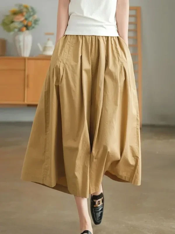 Pantaloni da donna kaki 100% puro cotone Casual allentato elastico in vita pantaloni a gamba larga donna 2025 estate nuovi pantaloni gonna nera retrò 1