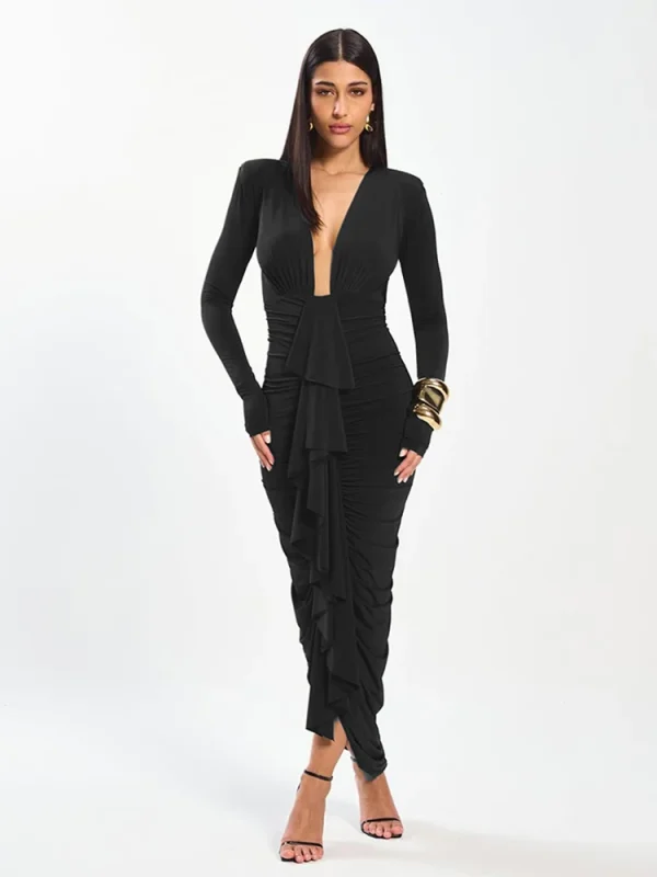 Nibber Abito lungo con volant Donna Profondo scollo a V Manica intera Sexy Ruffles Nastro Mezzanotte Prom Party Hipster Skinny Abiti eleganti 5