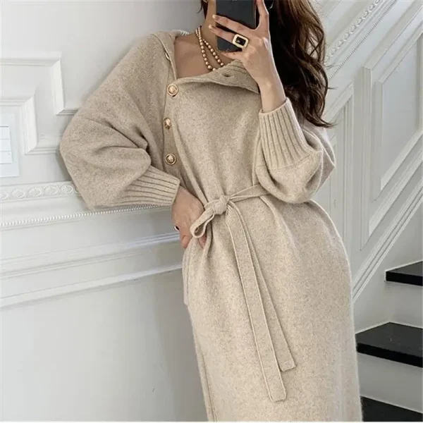 Abiti vintage chic autunno inverno donna dolcevita solido fasciatura con bottoni moda manica lunga ampia abito dritto lavorato a maglia 3
