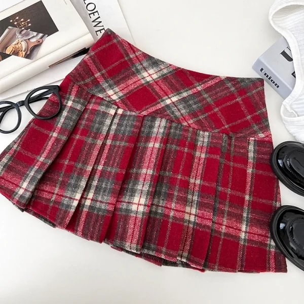 Gonna a pieghe scozzese autunno inverno Minigonna classica in tartan rosso di lana spessa da donna Abito natalizio Saia Feminina classico 2