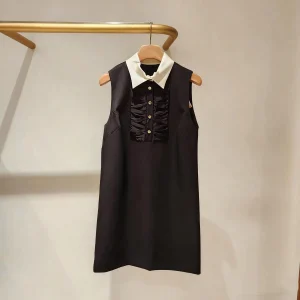 Giunzioni Colletto rovesciato Mini abito da donna Bottoni pieghettati Senza maniche A-Line Abito corto 2025 Autunno Nuovo 1