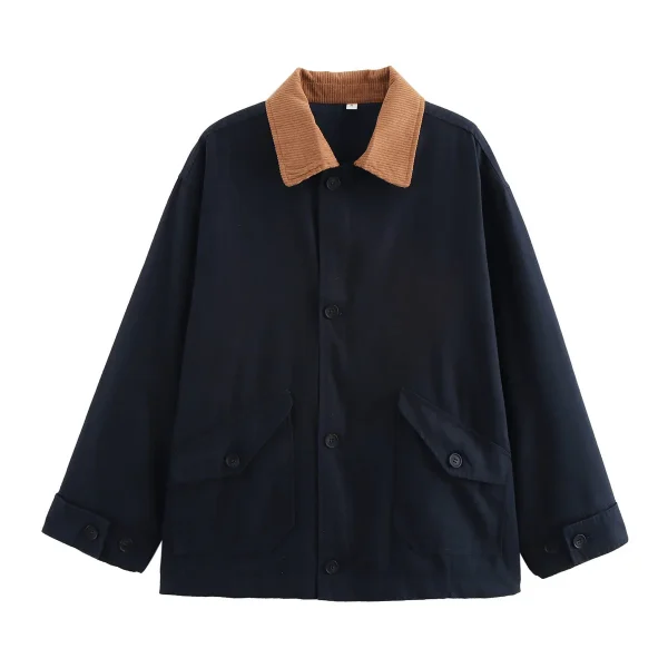 Giacca da donna con risvolto monopetto con design a colori patchwork, nuova giacca in cotone caldo a maniche lunghe stile retrò casual 4