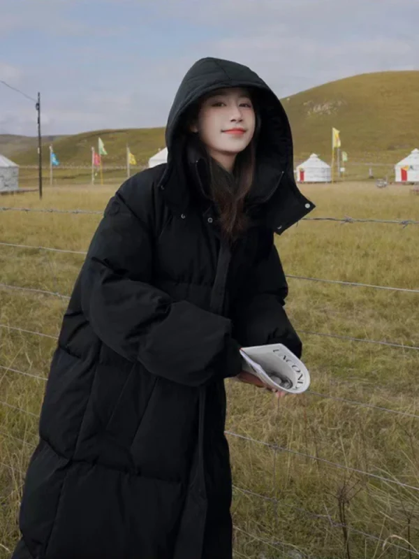 Capispalla invernale 2025 da donna coreano allentato lungo al ginocchio giacca con cappuccio solida lungo addensato in piumino di cotone stile pane 5