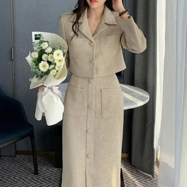 Insozkdg corea Chic Vintage elegante donna vestito giacca gonna monopetto cappotto corto vita alta lungo Hip Tweed gonna divisa Set 2