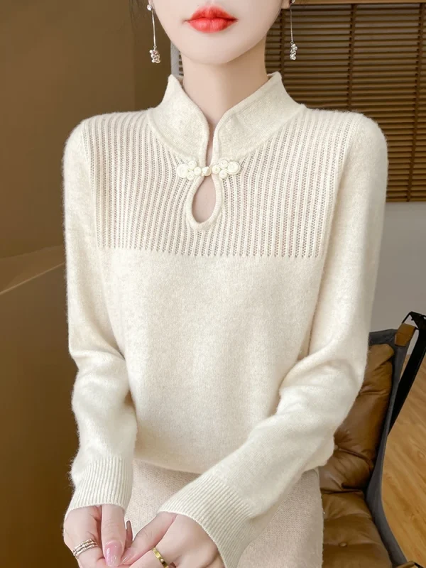 Maglione da donna in lana merino Pullover con colletto alla coreana Maglieria con fondo in cashmere stile cinese Top a maniche lunghe retrò 4