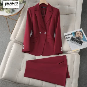 NAVIU Set da 2 pezzi per donna Elegante blazer doppiopetto e pantaloni dritti a vita alta Completo da donna da ufficio in stile coreano 1
