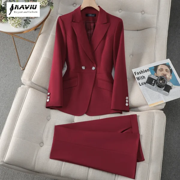 NAVIU Set da 2 pezzi per donna Elegante blazer doppiopetto e pantaloni dritti a vita alta Completo da donna da ufficio in stile coreano 1