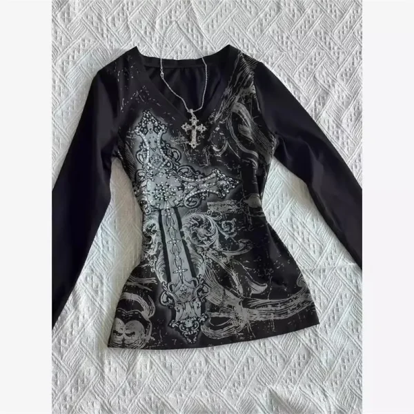 Moda Vintage Gotico T-shirt Donna Y2k Nero Punk Graphic T-shirt Grunge Retro Sexy Con Scollo A V Tees Estetica Harajuku Top 6