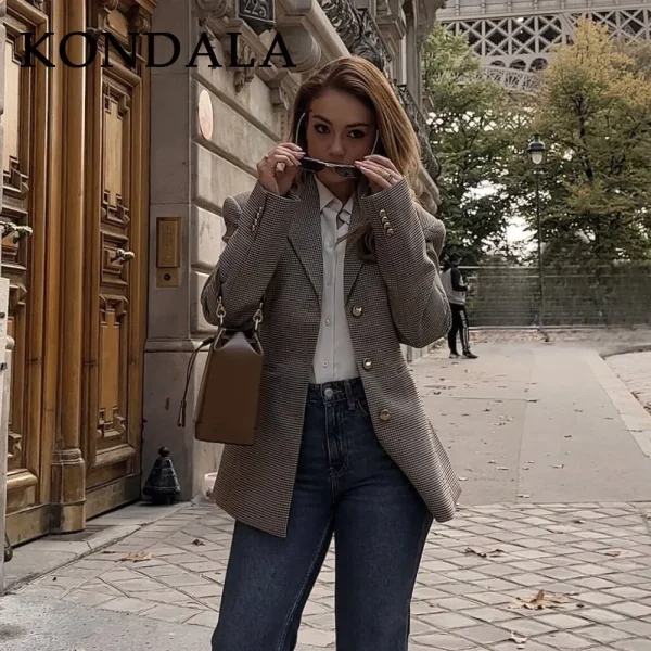 KONDALA 2025 Autunno Inverno Office Lady Pied de poule Giacca da donna Moda Vintage monopetto Elegante coprispalle Bottone Lady Blazer 3