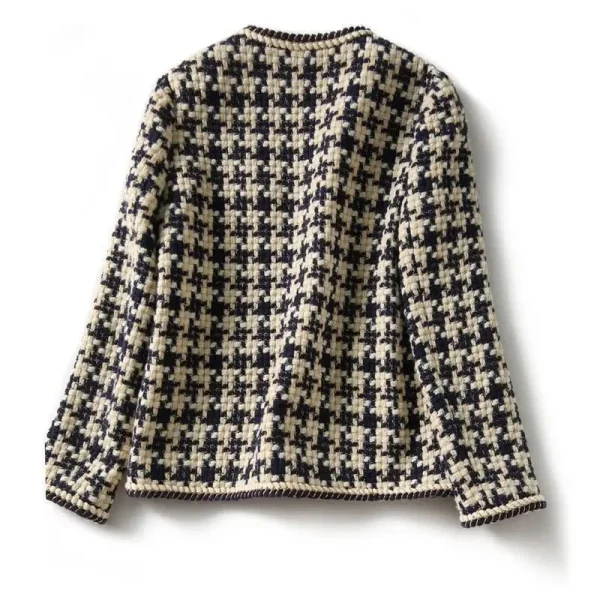 Giacca da donna a maniche lunghe con o-collo vintage scozzese con linea luminosa in seta brillante con bottoni ricoperti Cappotto corto da donna 2