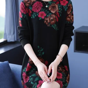 Maglioni lunghi con stampa floreale Abito primavera autunno Abbigliamento donna Manica lunga Femme Pullover Elasticità Maglione allentato da donna 1