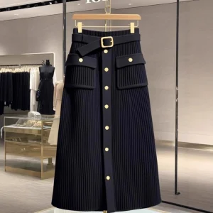 Unico ed elegante nero a vita alta a-line mini abito lavorato a maglia gonna lunga alla moda elegante autunno inverno sensazione di fascia alta 1