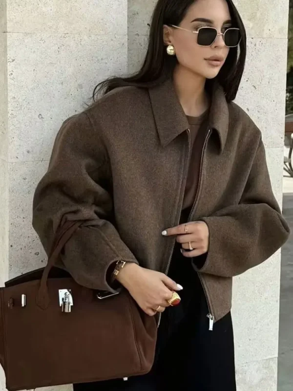 HH Giacca di lana con cerniera marrone moda per donna Cappotti corti a maniche lunghe con risvolto elegante Capispalla vintage da donna autunnale 6