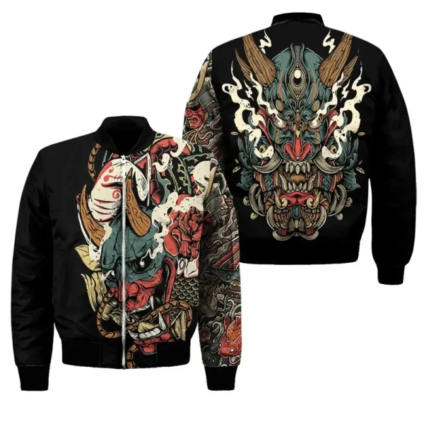 Primavera autunno Mens Bomber Jacket Samurai Oni Mask Tattoo 3D All Over stampato Zip tute Unisex Casual Zipper Jacket abbigliamento 2