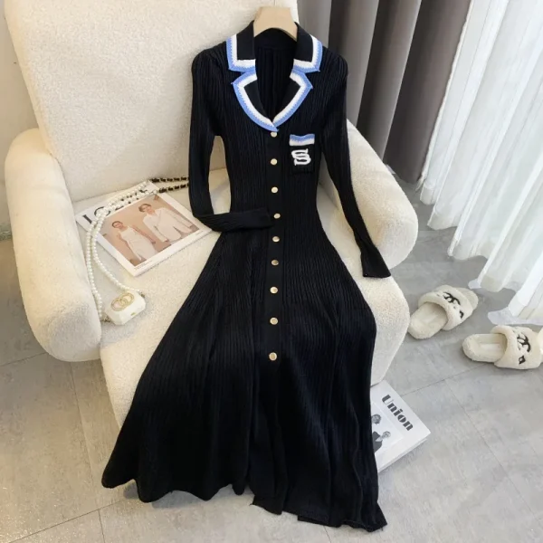 YuooMuoo Abito lungo lavorato a maglia con lettera ricamata elegante Autunno Inverno Marchio di moda Lady Abito maglione nero dentellato Abiti da ufficio 1