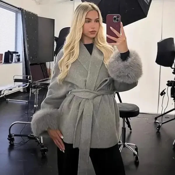 2025 Autunno Chic Risvolto Cappotto di Peluche Con Cintura Donna Vintage Manica In Pelliccia Sintetica Tweed Cappotti Aperti Femminile Inverno Casual Strada Outwear 2