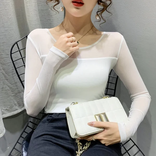 T-shirt girocollo autunno inverno da donna camicia sexy con fondo in rete manica lunga tinta unita slim fit manica lunga top casual 4