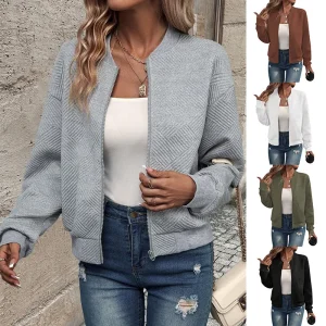 Giacca casual da donna autunno e inverno nuova tinta unita semplice e squisita con cerniera e colletto da baseball 1