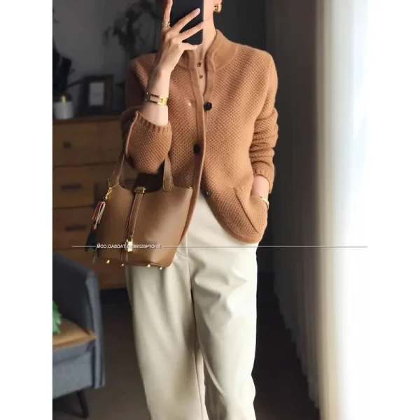 Autunno inverno nuovo addensato 100% Cashmere lana Cardigan donna Stand collo maglione maglione sciolto maglia Base maglione di lana giacca 3