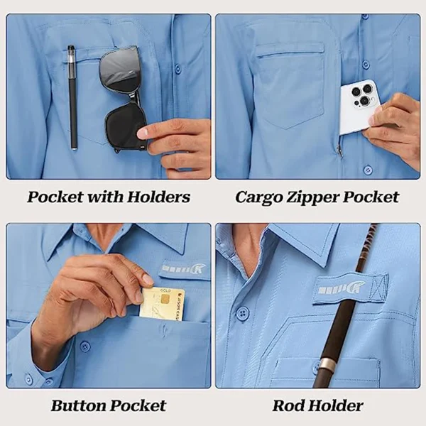 Camicie da pesca a maniche lunghe UPF 50+ da uomo Protezione solare Camicia da lavoro da escursionismo traspirante Camicia casual abbottonata con tasca con cerniera 5