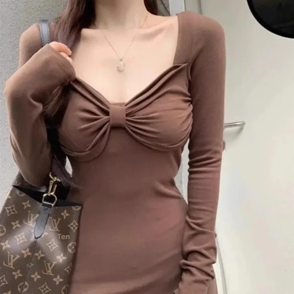 Abito aderente a maniche lunghe avvolgente lavorato a maglia con scollo a V Abito longuette a vita bassa da donna stagione autunno inverno lunghezza alla caviglia 2