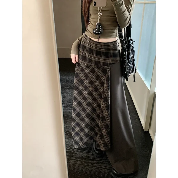 MEXZT Y2K Gonna longuette scozzese Donna Harajuku Vintage Asimmetrico Gonne divise Autunno Inverno Grunge Coreano Patchwork Design Faldas 3