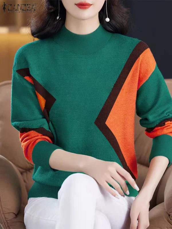 ZANZEA 2025 Donne di Autunno Elegante Collo Alto Lavorato A Maglia Magliette Casual A Maniche Lunghe T-Shirt Moda Colorblock Magliette e camicette Patchwork Tuniche 3