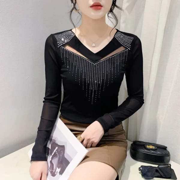 Nuovo 2025 Primavera Autunno a maniche lunghe V-Nek T-shirt da donna Moda Sexy Scava Fuori Hot Drilling Mesh Top Blusas 2