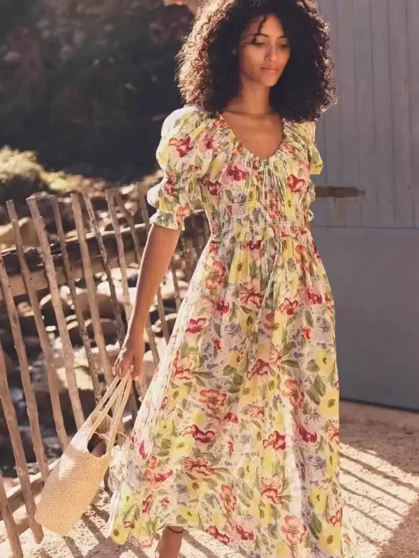 Estate 2025 Abito con stampa floreale colorata Donna con coulisse Elastico in vita Manica a sbuffo 2025 Summer Lady A-line Midi Robe 2