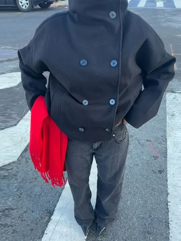 Cappotto tascabile a collo alto solido casual da donna capispalla a maniche lunghe doppiopetto allentato 2025 giacche da donna da ufficio autunno inverno 2025 5