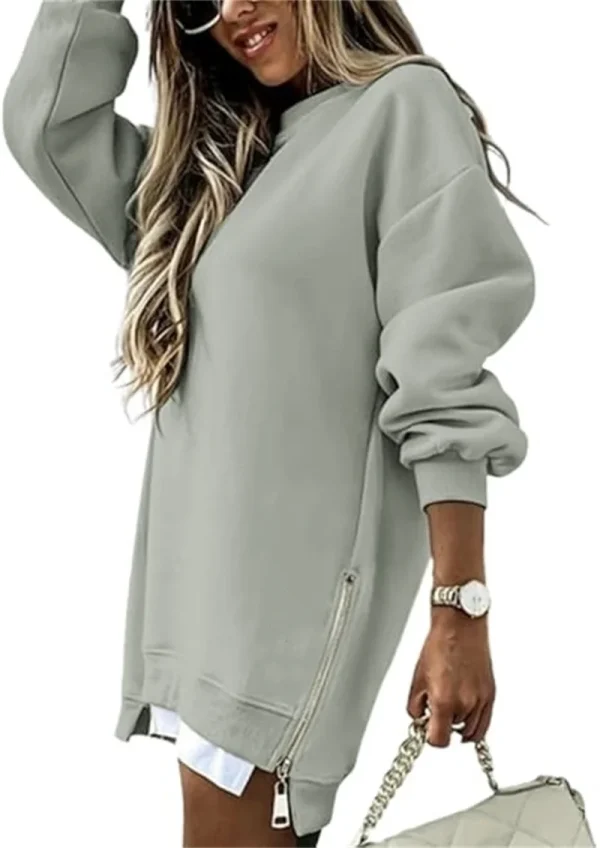 Felpa da donna primavera autunno moda splicing design con cerniera laterale girocollo maniche lunghe top irregolari di media lunghezza 3