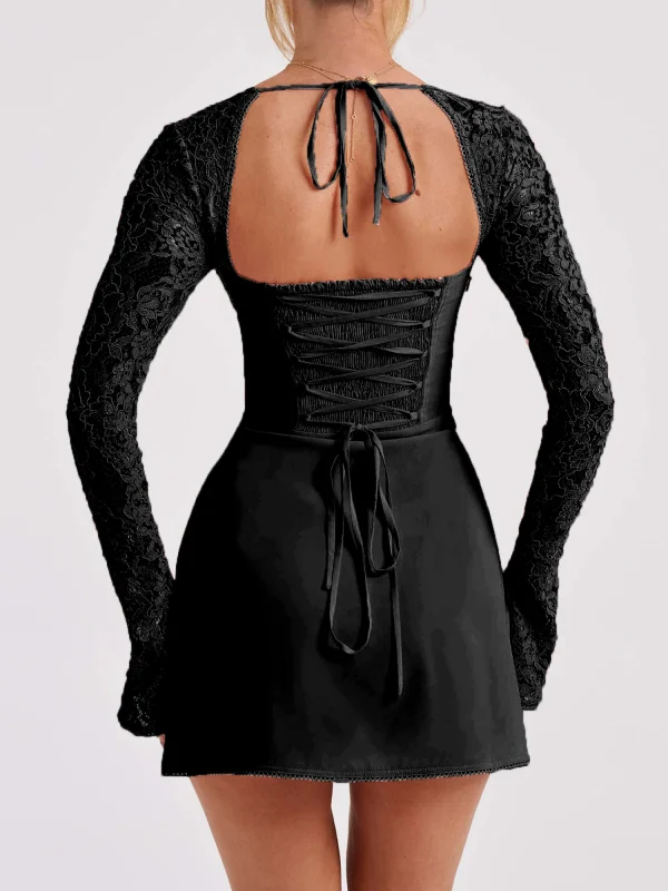 Abito da festa donna elegante abito corto a maniche lunghe in pizzo rosa di lusso carino Chic Basic Flower Split Sexy Casual Slim Fit per l'autunno 2